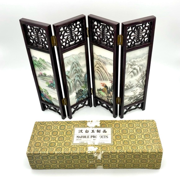 Chinese Hand Painted Marble Divider Wood Table Screen Reversible Jiangsu China